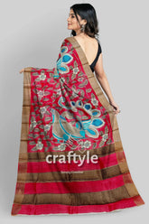 Apple red hand painted kalamkari work pure tussar silk saree with zari border red beige saree floral peacock 5