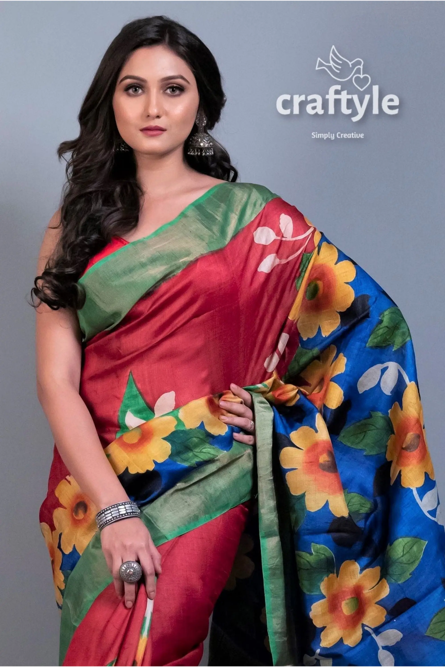 Apple red hand painted zari pure tussar saree for women floral-patterned saree 4