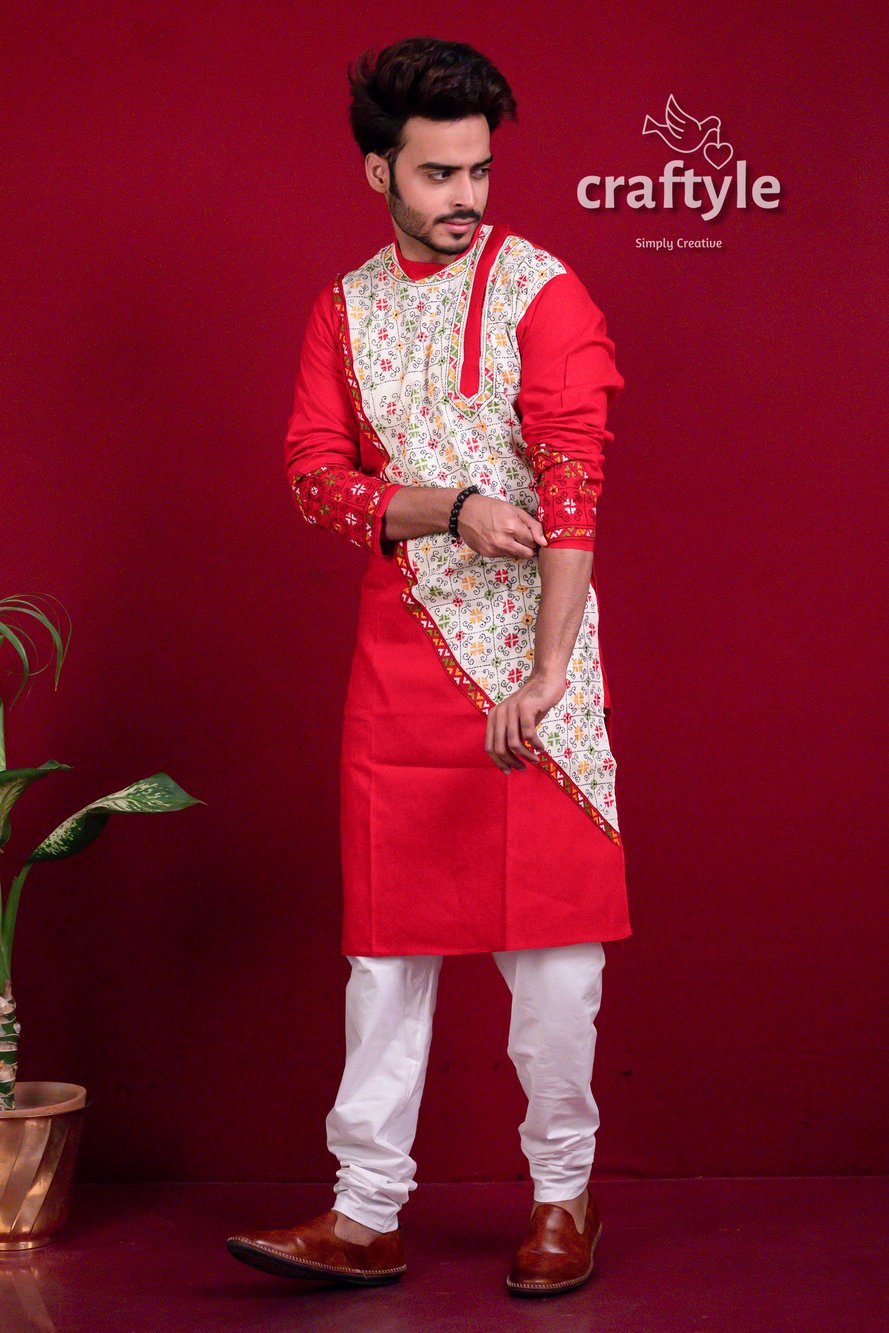 Apple Red Kantha Work Cotton Mens Kurta Panjabi - Craftyle