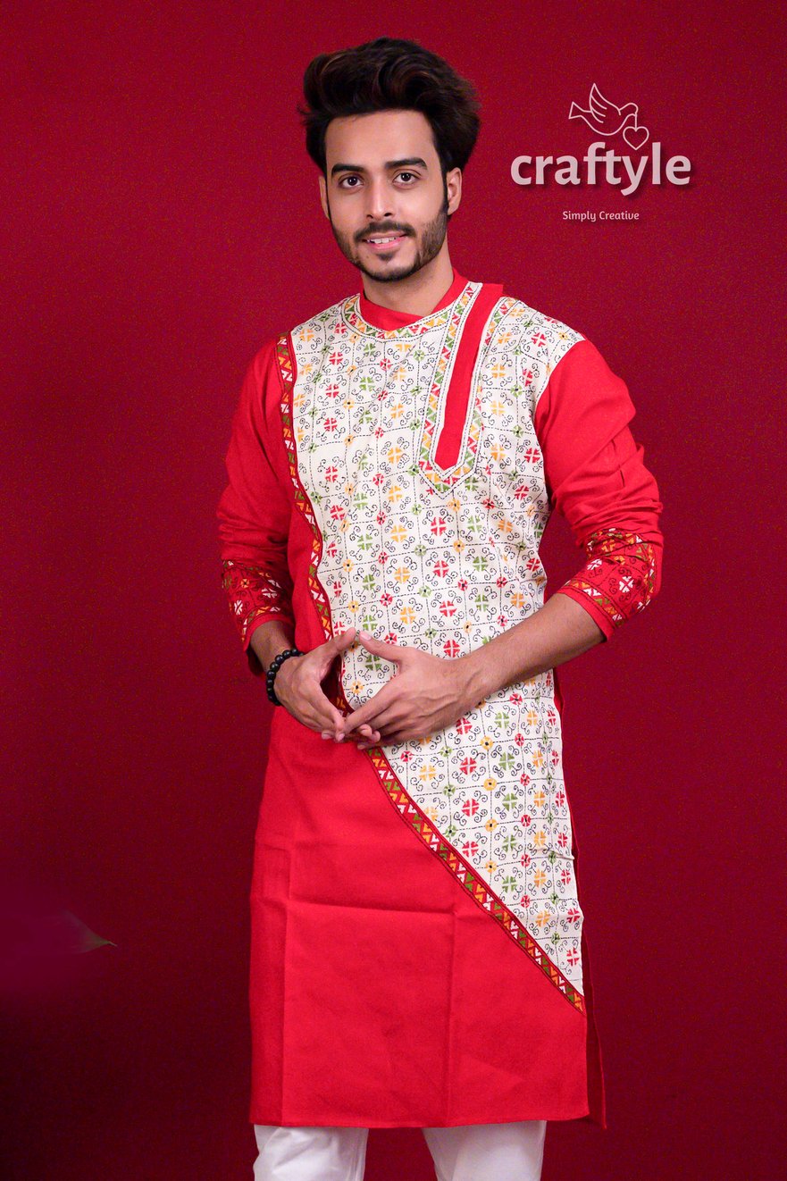 Apple Red Kantha Work Cotton Mens Kurta Panjabi - Craftyle