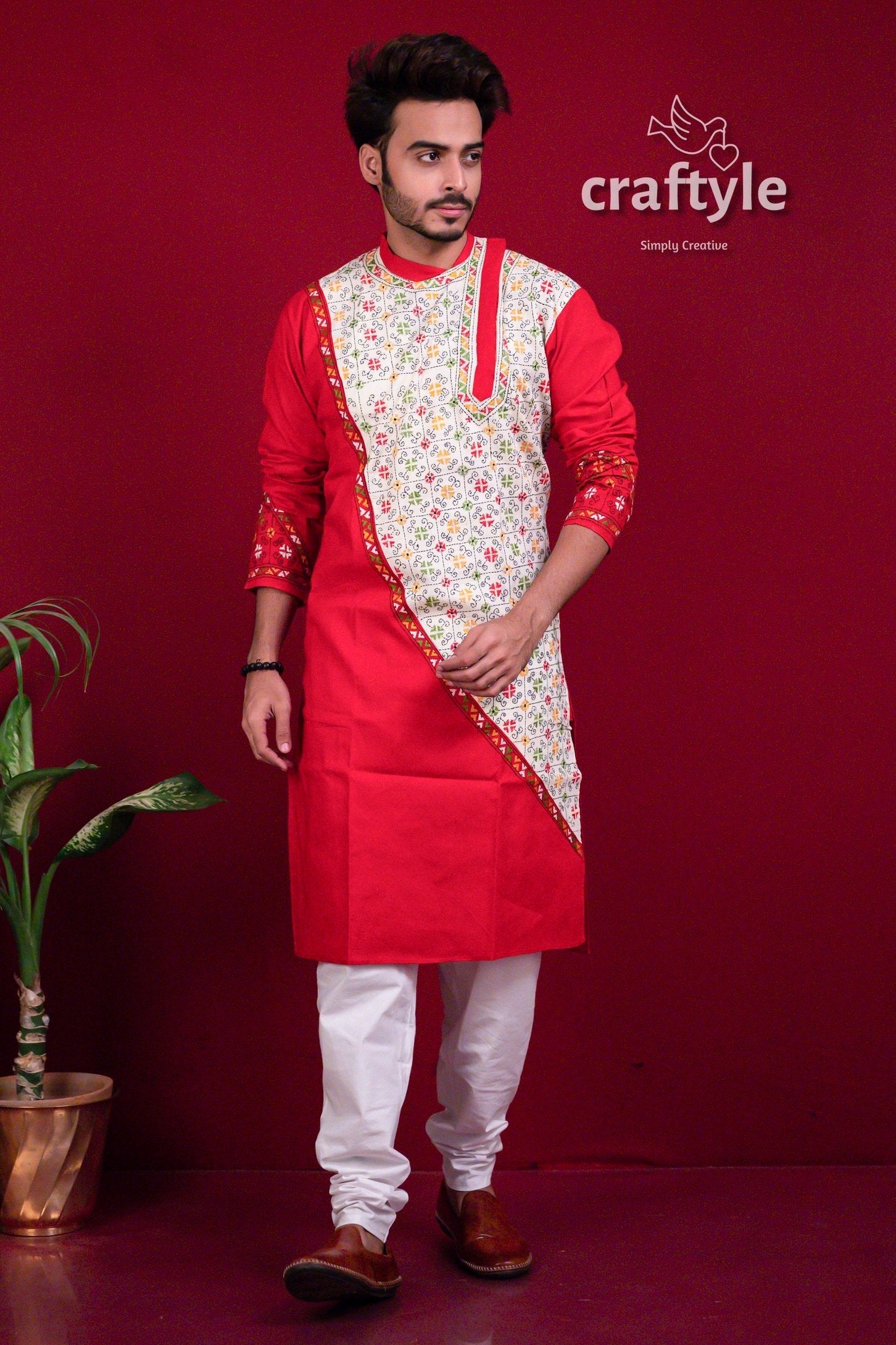 Apple Red Kantha Work Cotton Mens Kurta Panjabi - Craftyle