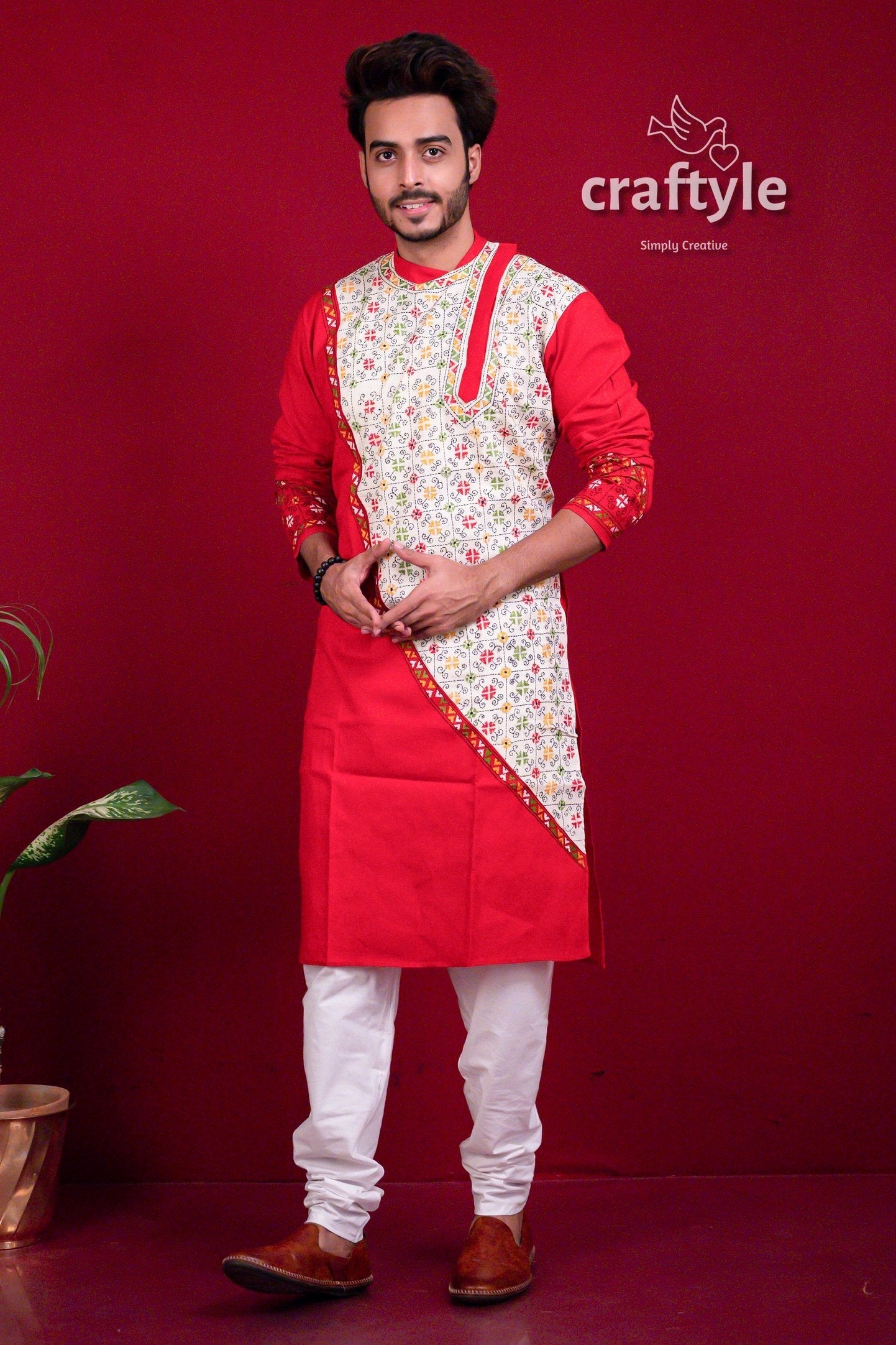 Apple Red Kantha Work Cotton Mens Kurta Panjabi - Craftyle