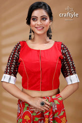 Apple red printed designer cotton blouse red blouse patterned sleeves 4