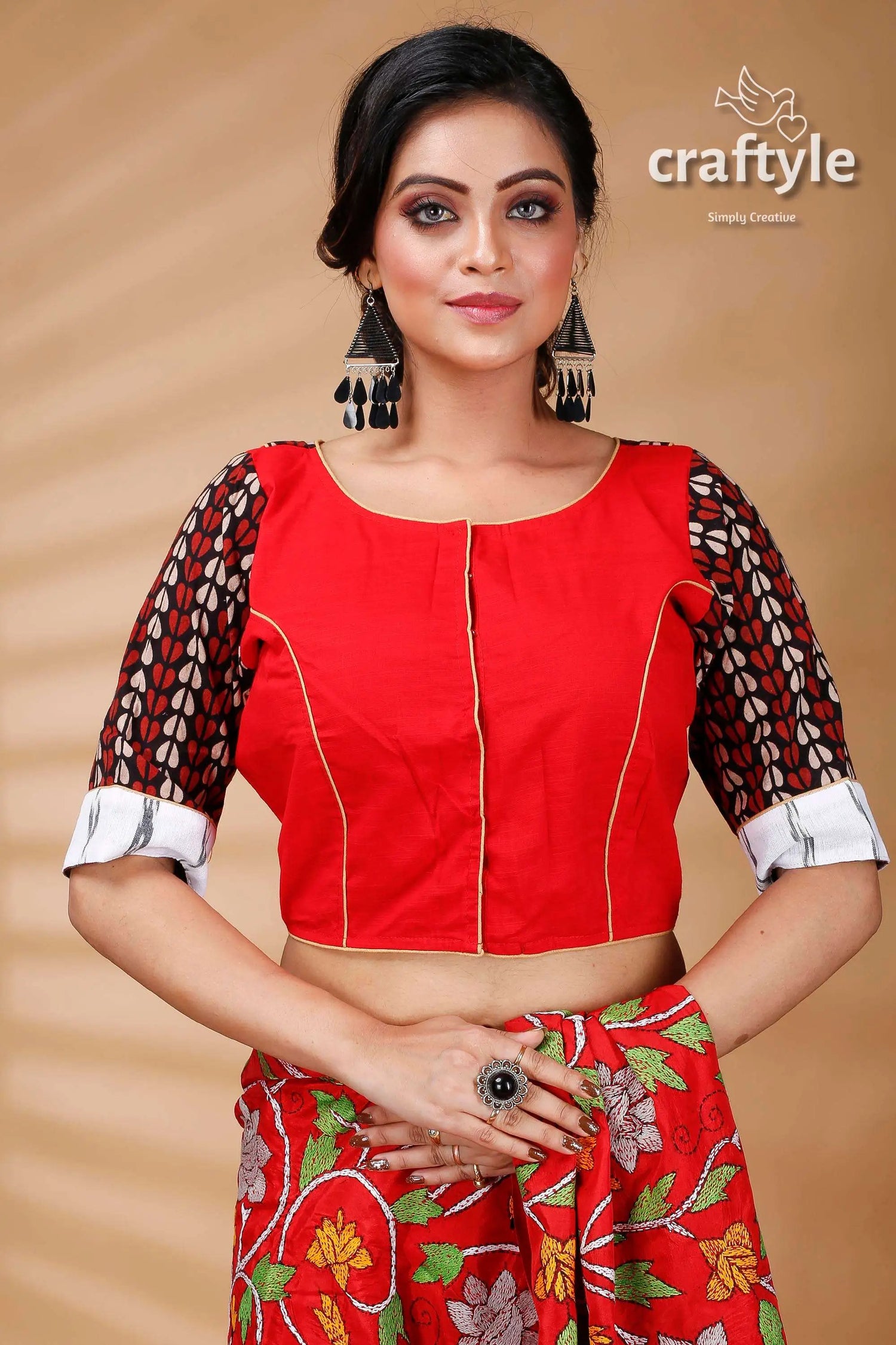 Apple red printed designer cotton blouse red blouse patterned sleeves 1