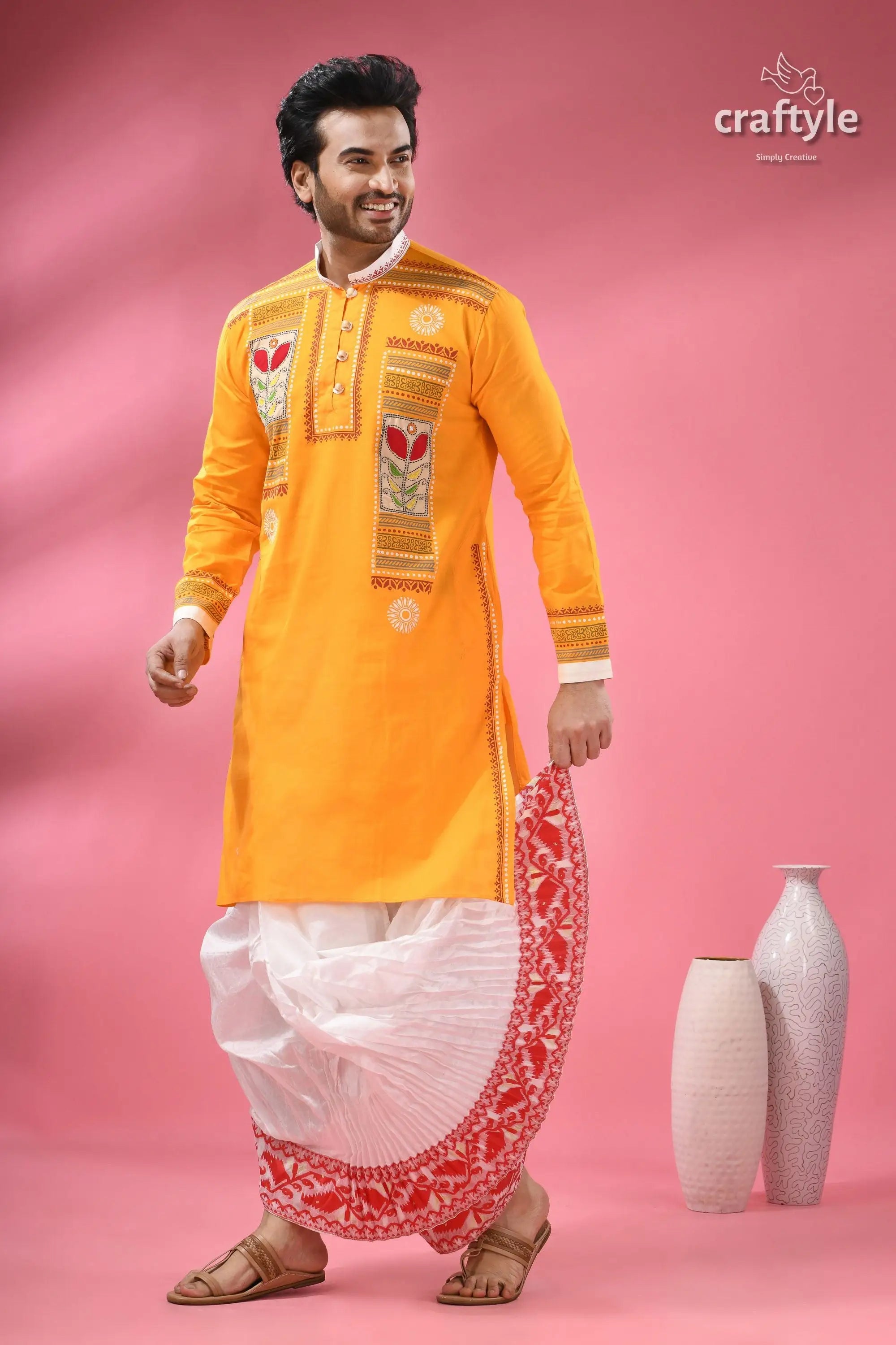 Applique cotton punjabi for men hand block with embroidery vibrant yellow kurta intricate floral 1