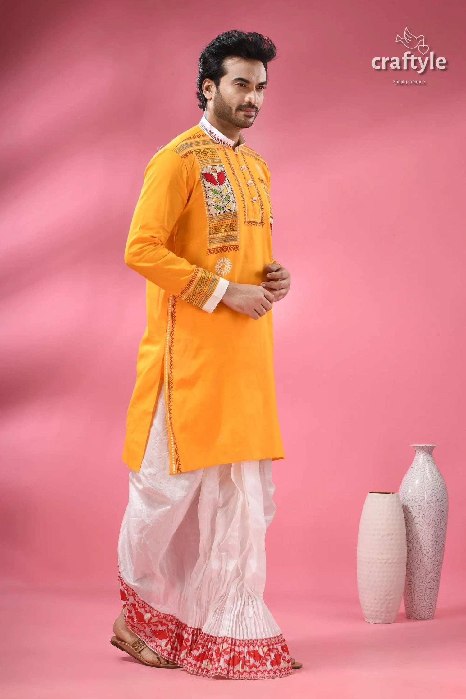 Applique cotton punjabi for men hand block with embroidery men’s orange kurta white dhoti 7