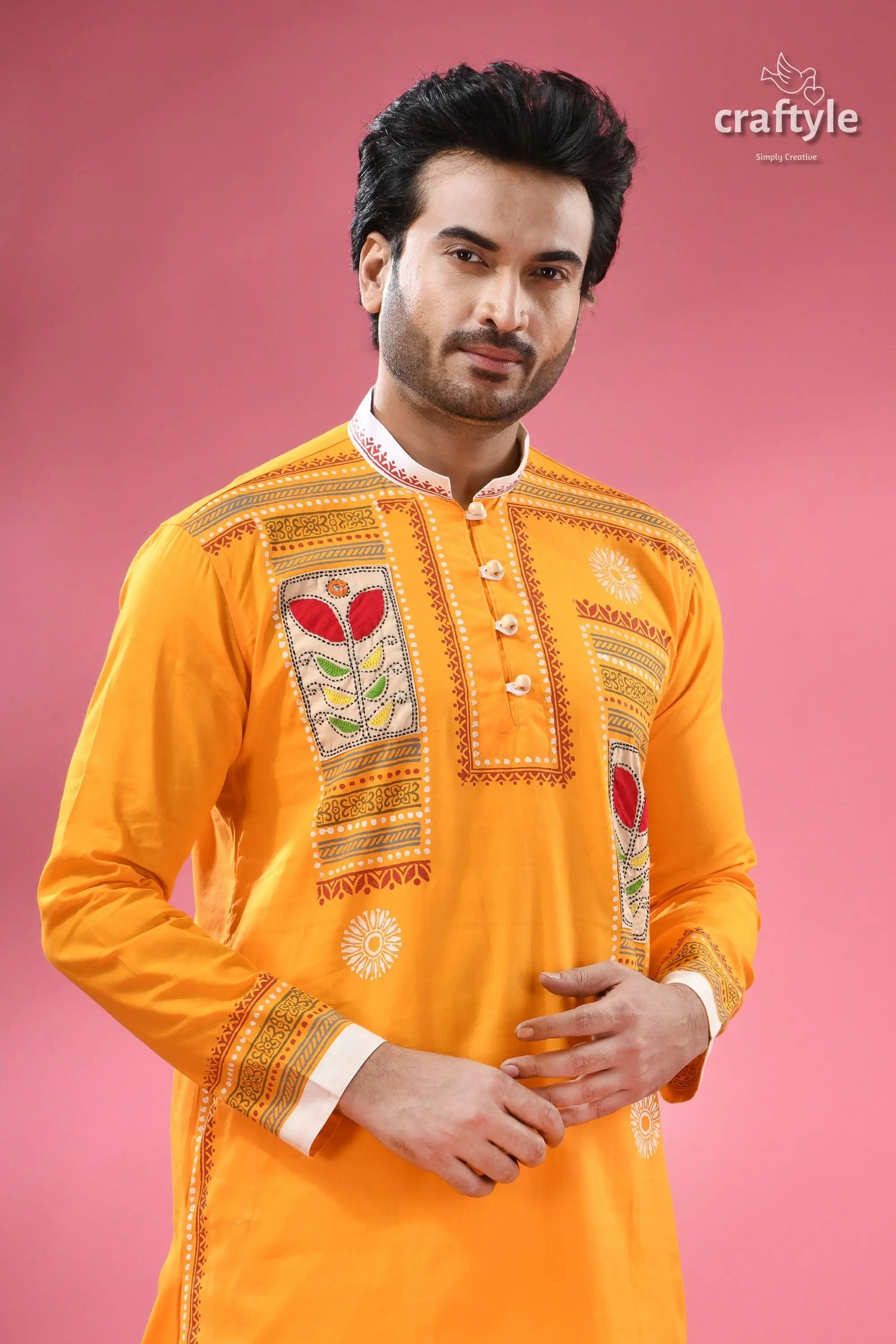 Applique cotton punjabi for men hand block with embroidery men’s yellow embroidered long sleeve kurta 2