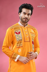 Applique cotton punjabi for men hand block with embroidery men’s yellow embroidered long sleeve kurta 2