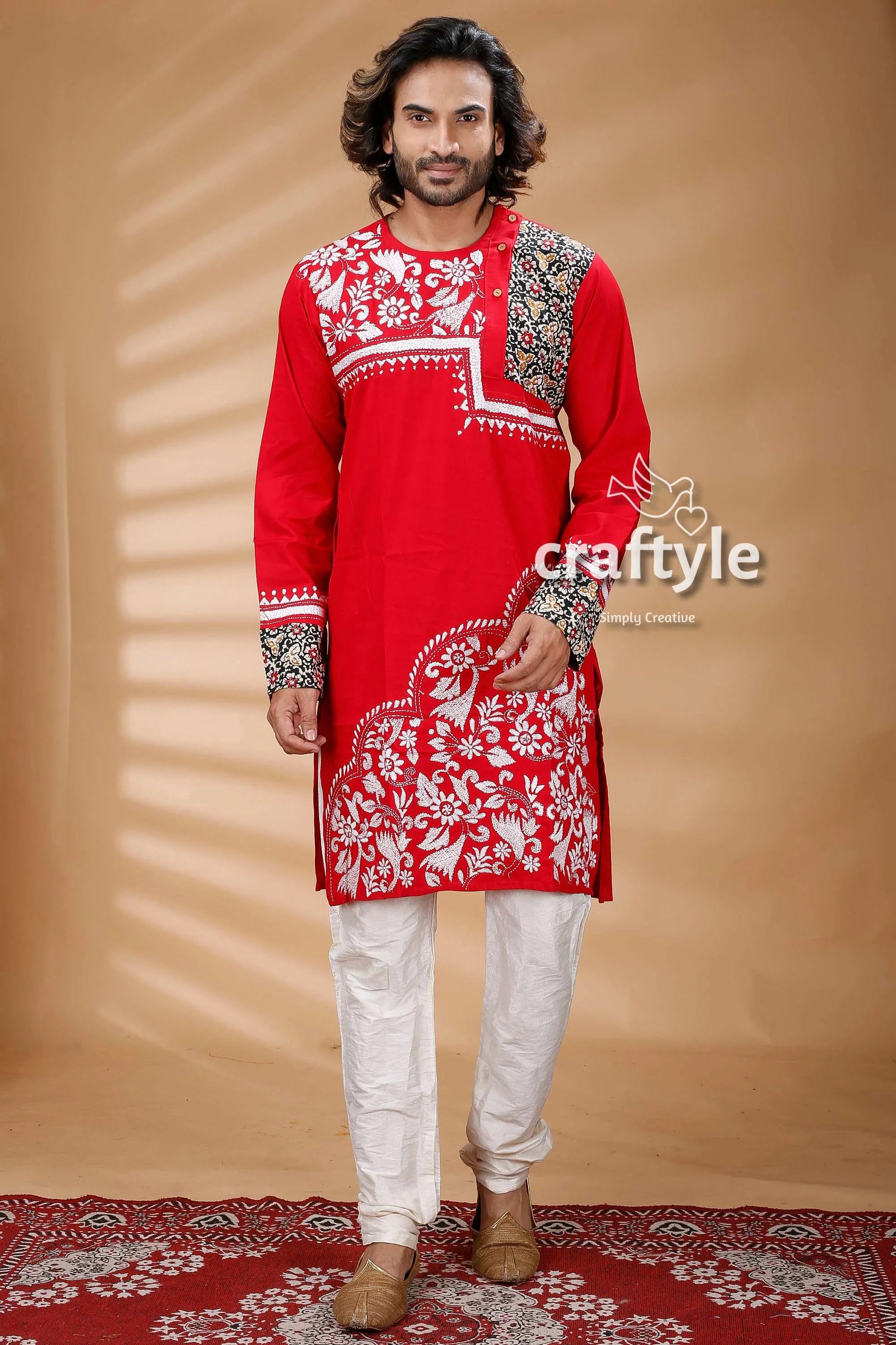 Applique design red kantha work mens cotton kurta embroidered white floral 1