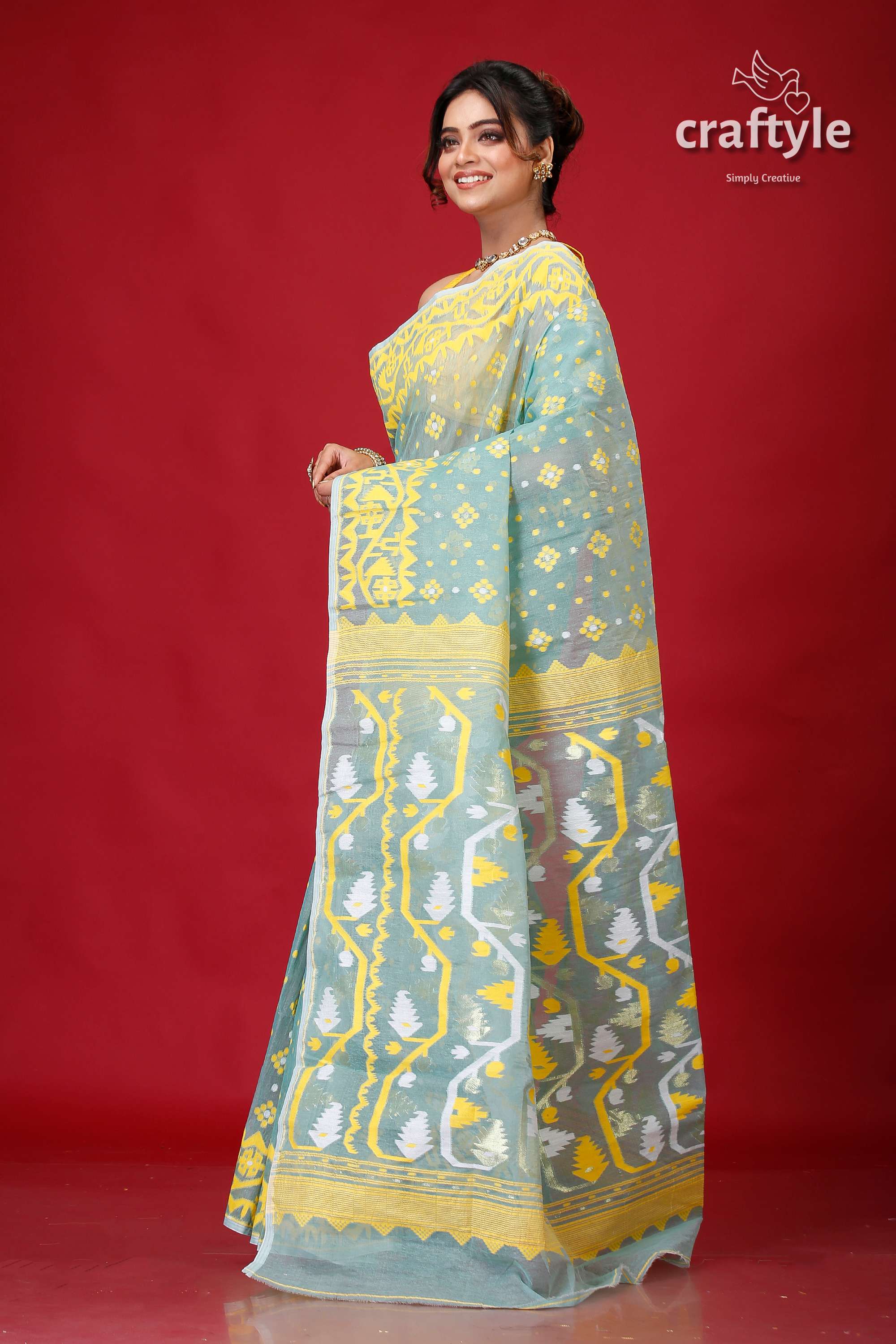 Aquamarine Blue Festive Jamdani Saree-Craftyle
