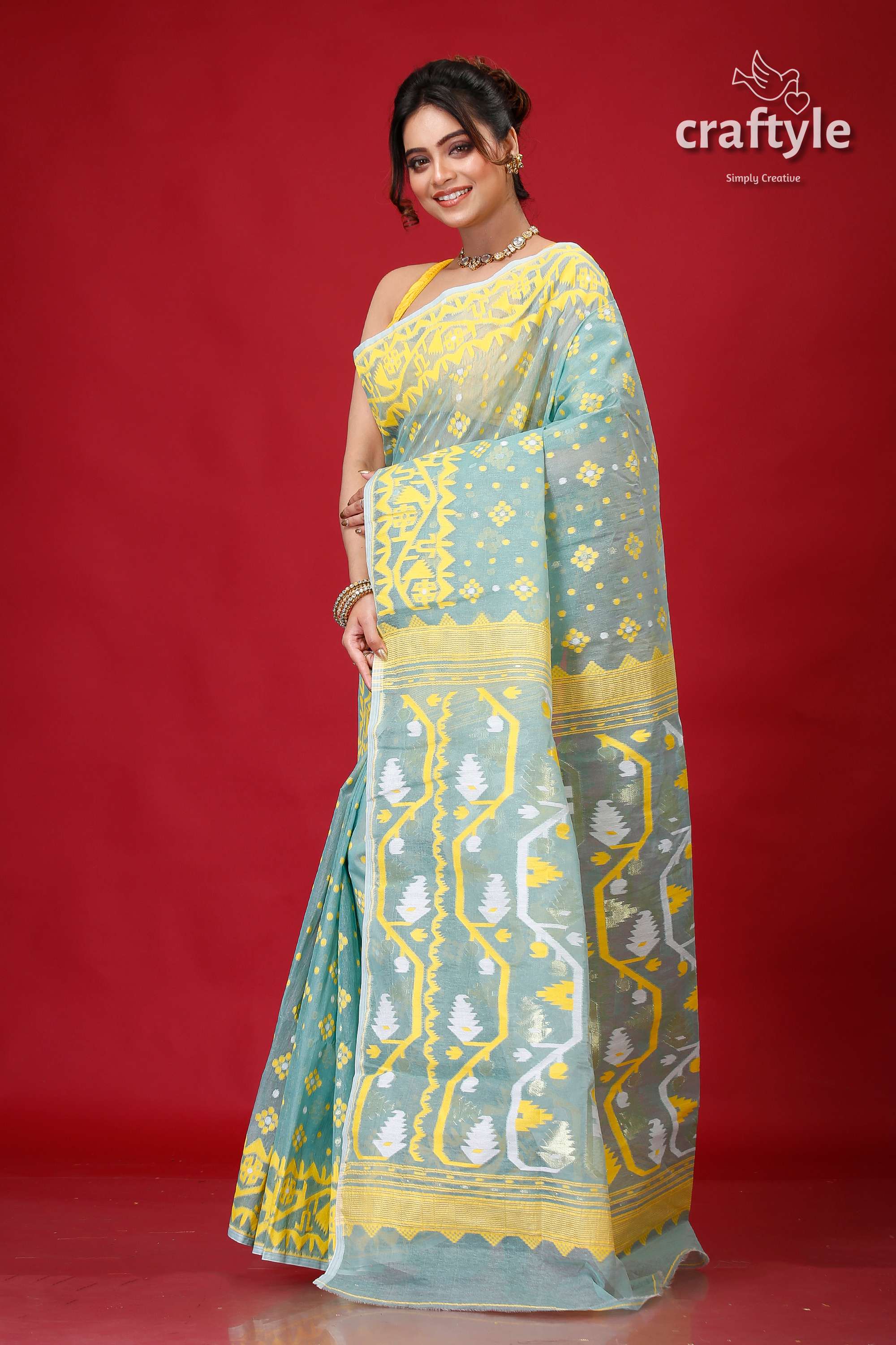Aquamarine Blue Festive Jamdani Saree-Craftyle
