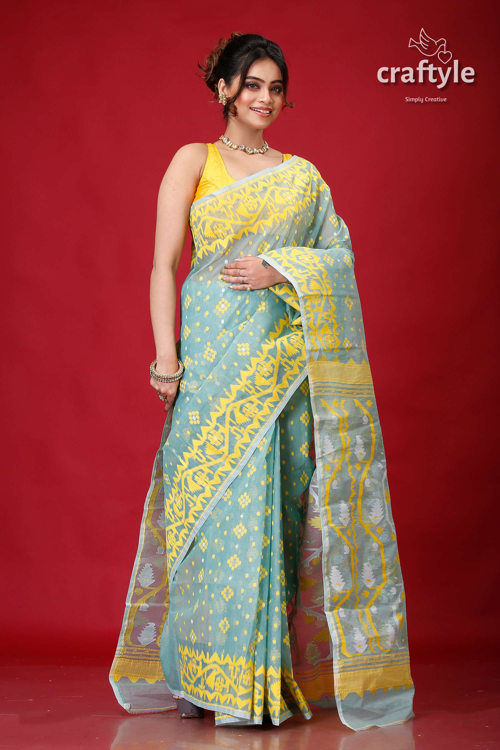 Aquamarine Blue Festive Jamdani Saree-Craftyle
