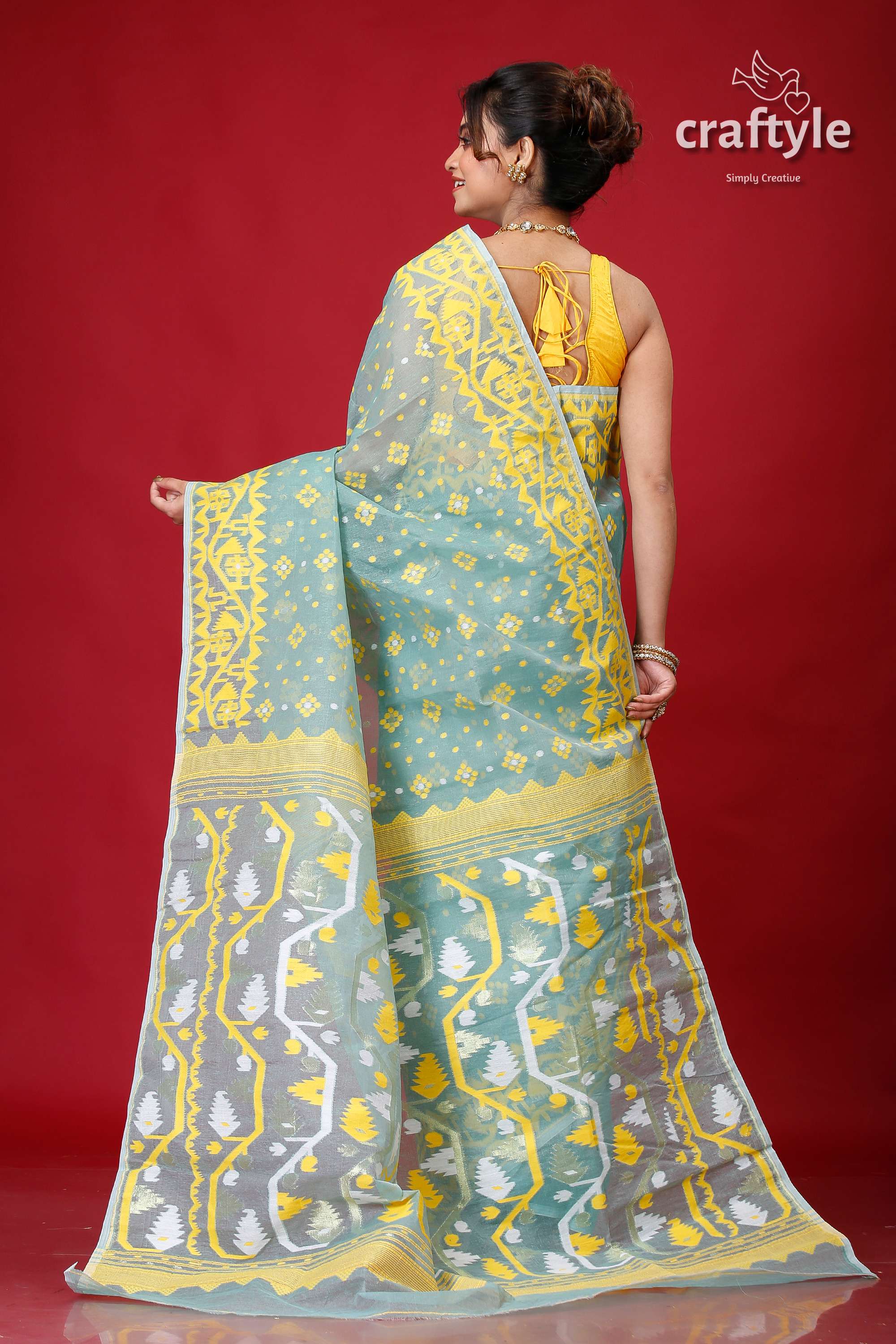 Aquamarine Blue Festive Jamdani Saree-Craftyle