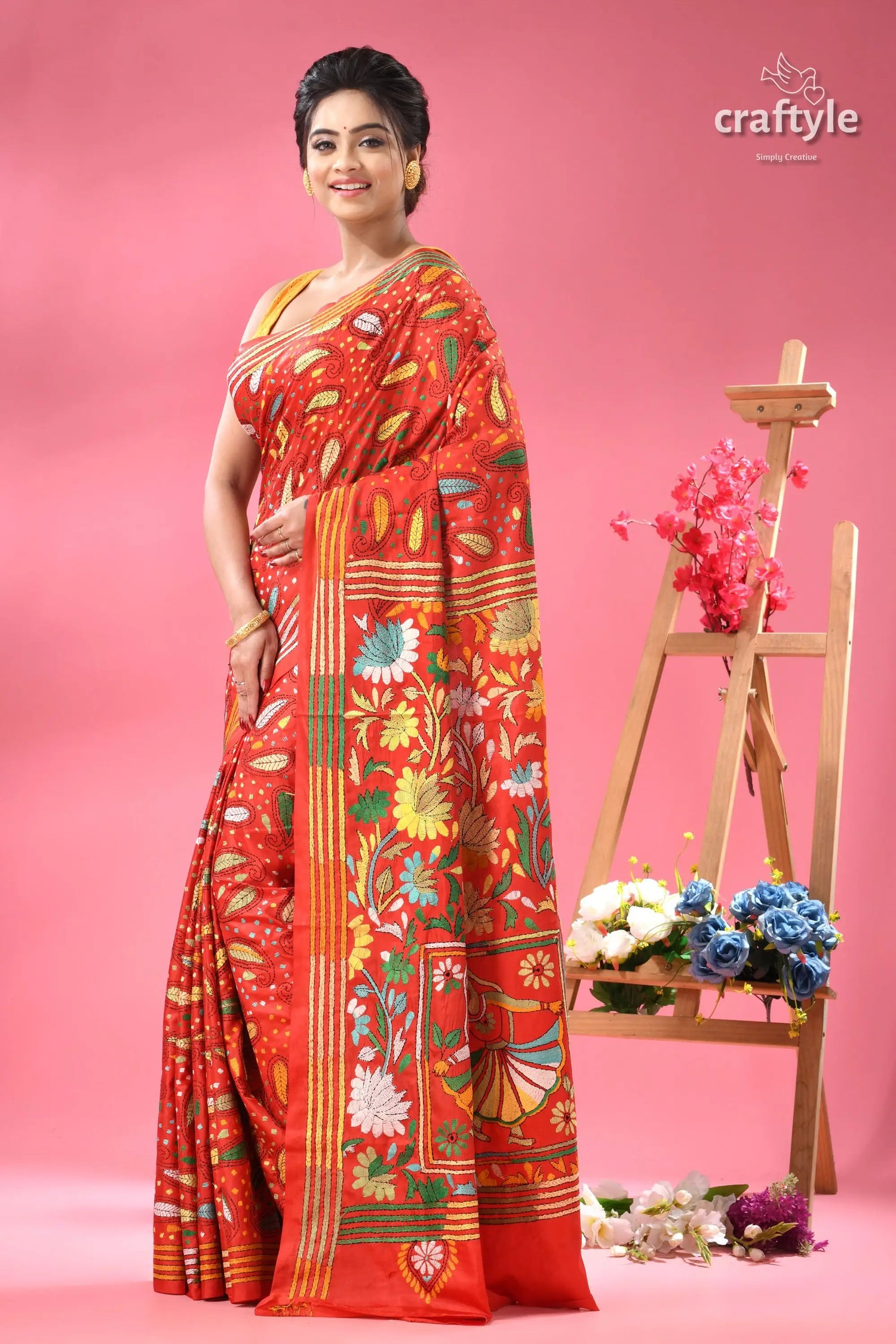 Artisan crafted lava red silk kantha work saree red floral printed saree yellow 3