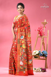 Artisan crafted lava red silk kantha work saree red floral printed saree yellow 3