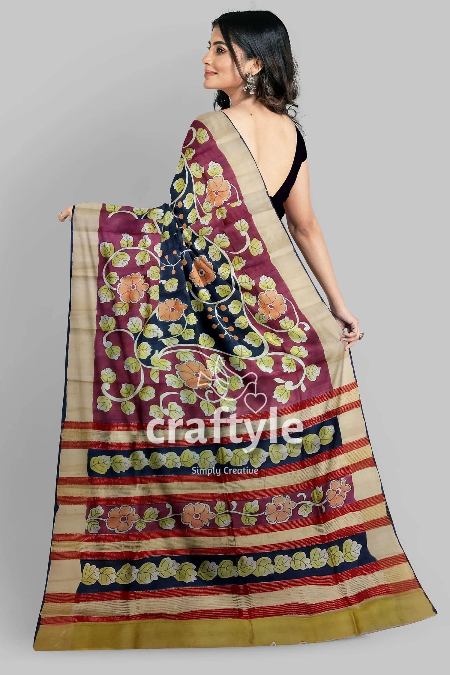 Artisan-crafted light plum pure tussar kalamkari saree with zari edges floral-patterned saree 6