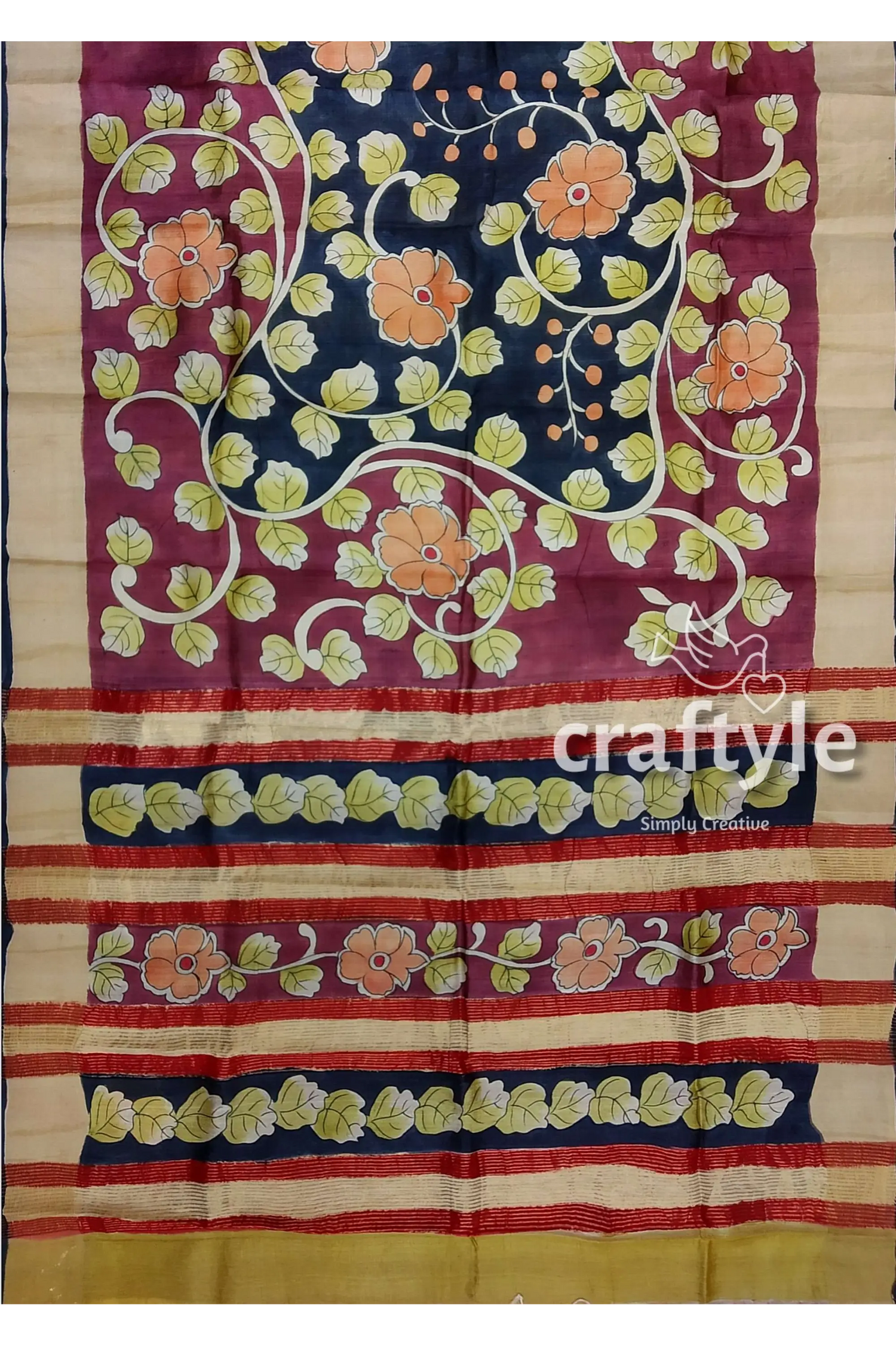 Artisan-crafted light plum pure tussar kalamkari saree with zari edges floral-patterned saree 7