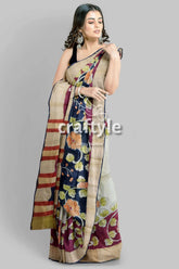 Artisan-crafted light plum pure tussar kalamkari saree with zari edges floral-patterned saree 2