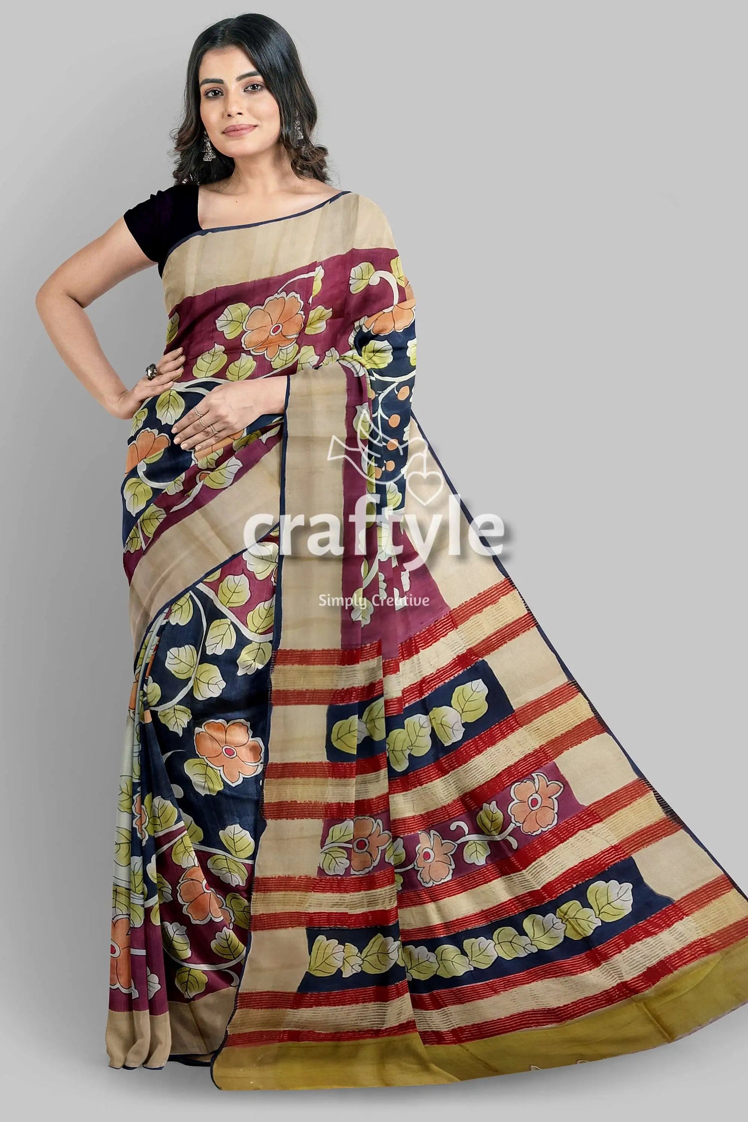 Artisan-crafted light plum pure tussar kalamkari saree with zari edges floral-patterned saree 5