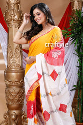 Artisanal design multicolor hand block kerala cotton saree yellow white saree red accents 2