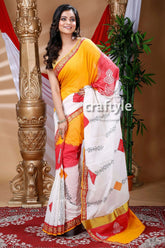 Artisanal design multicolor hand block kerala cotton saree woman yellow white saree 1