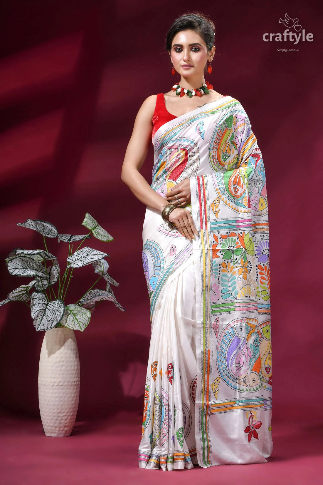 Artisanal fish design hand kantha embroidered white silk saree white sari adorned vibrant hand-painted 1