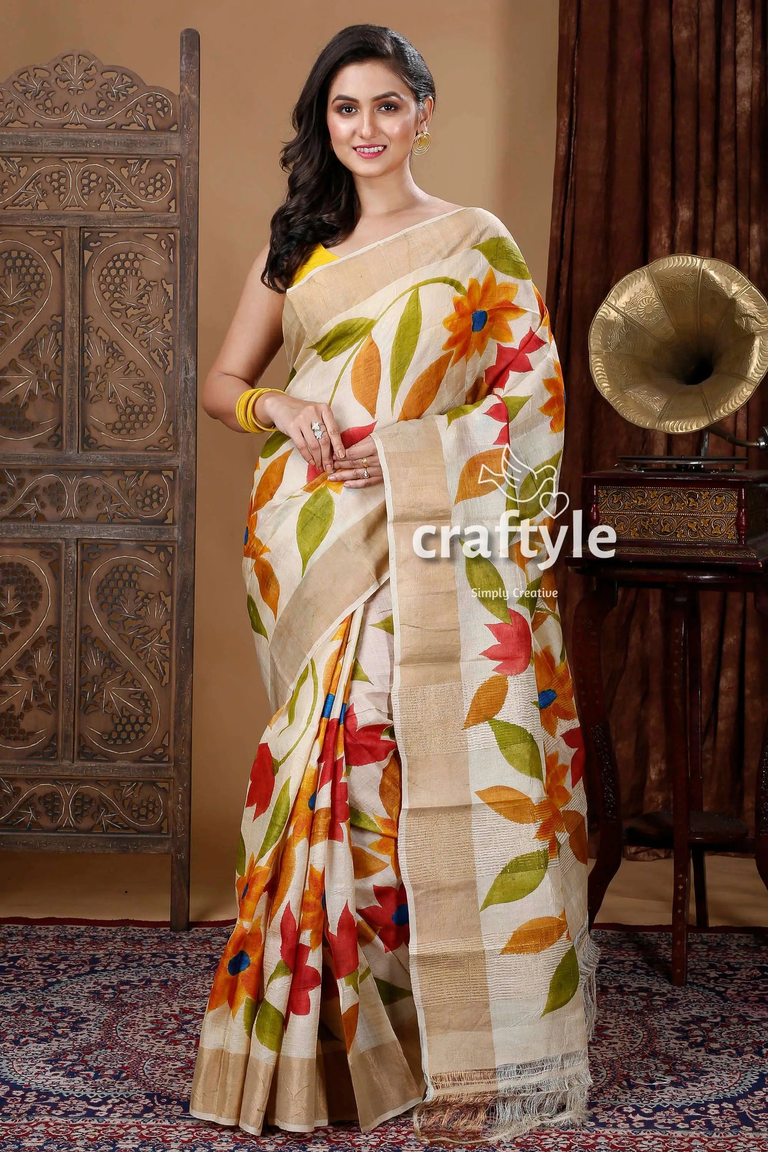 Artisanal floral motif hand painted zari border pure tussar kalamkari sari floral-patterned saree golden border 1