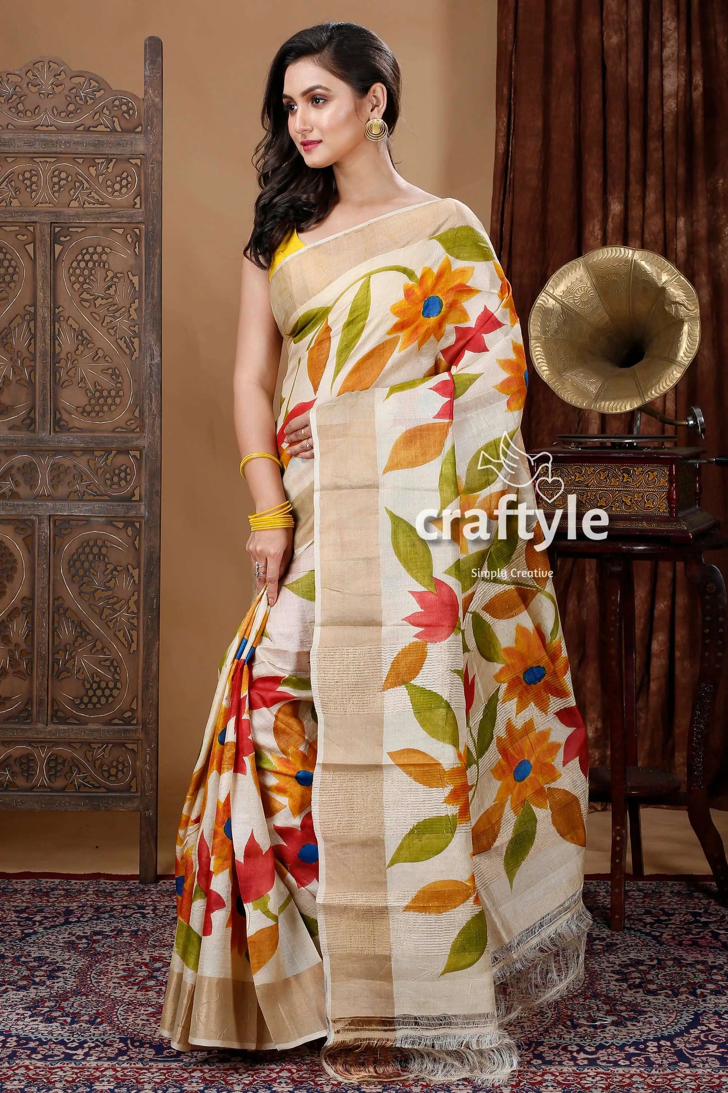 Artisanal floral motif hand painted zari border pure tussar kalamkari sari floral-patterned saree gold border 3