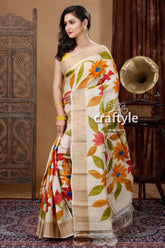 Artisanal floral motif hand painted zari border pure tussar kalamkari sari floral-patterned saree gold border 3