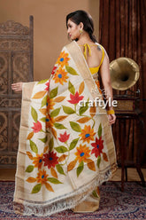 Artisanal floral motif hand painted zari border pure tussar kalamkari sari floral-patterned saree fringed edges 4