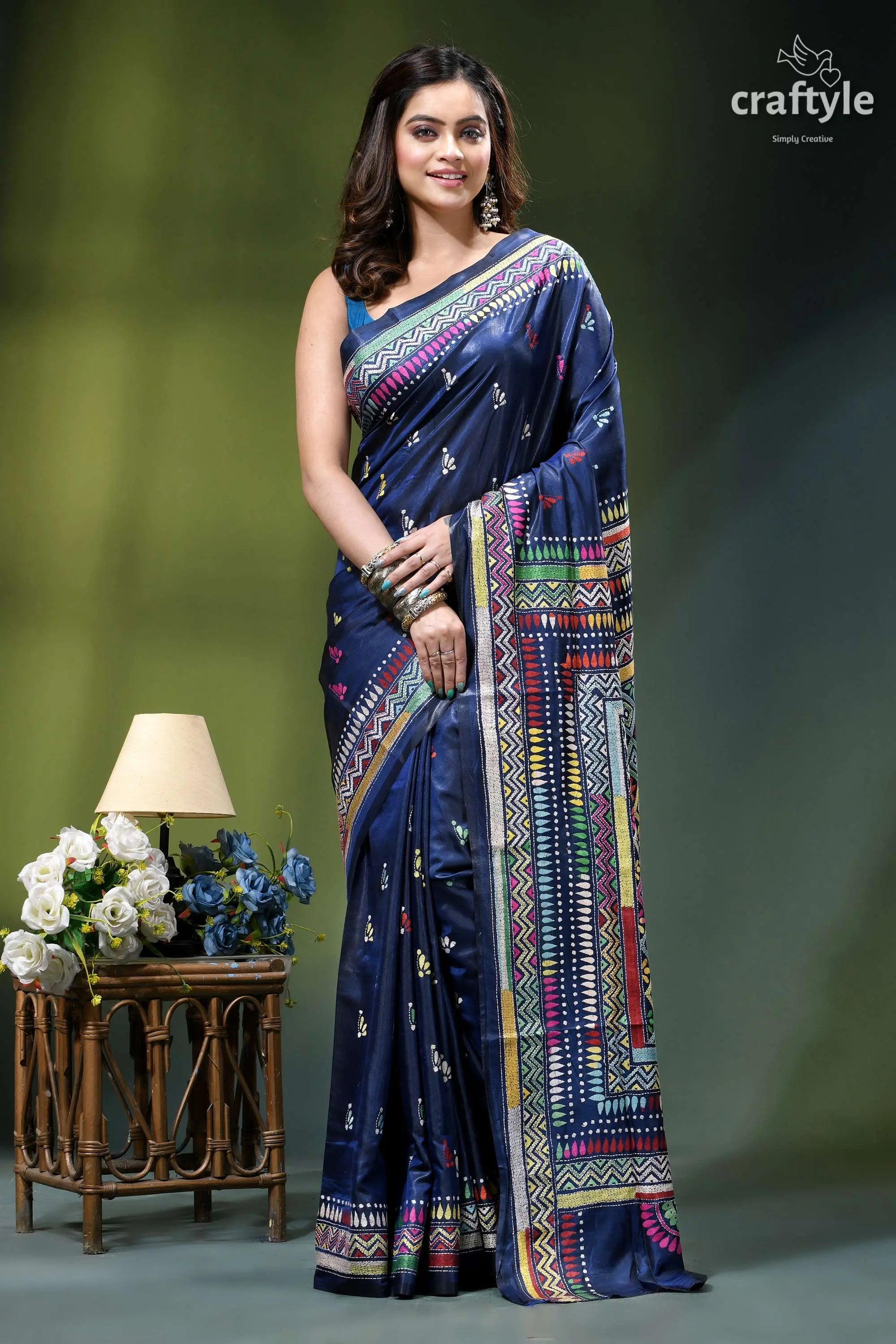 Artisanal geometric design silk kantha stitch saree in cataline blue navy blue silk saree intricate 1