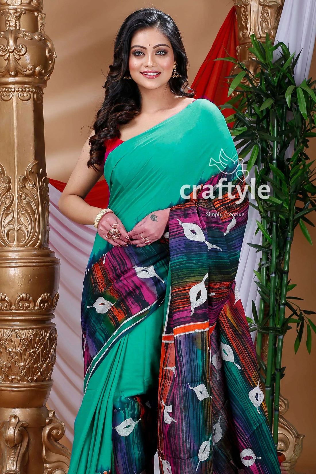 Artisanal hand batik cotton saree woman green multicolored 2