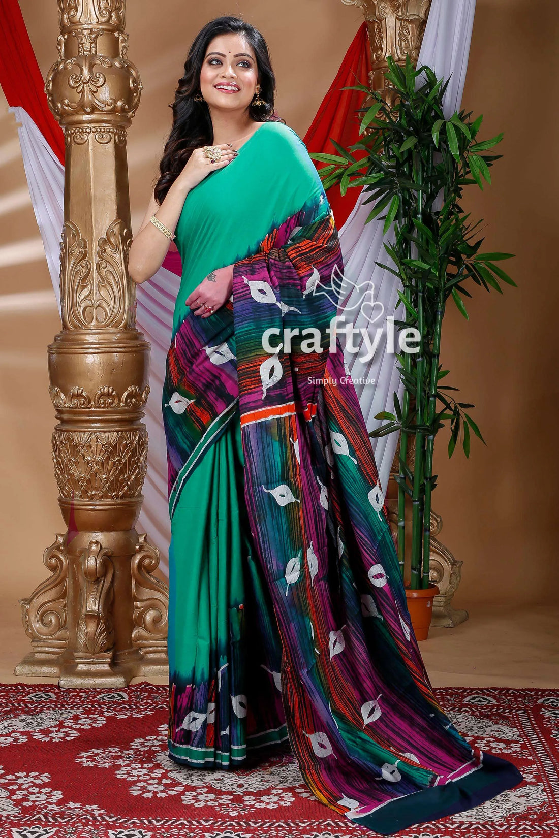 Artisanal hand batik cotton saree green patterned 1