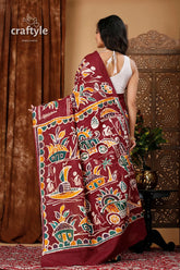 Artisanal hand painted batik pure cotton saree maroon batik-printed saree 5