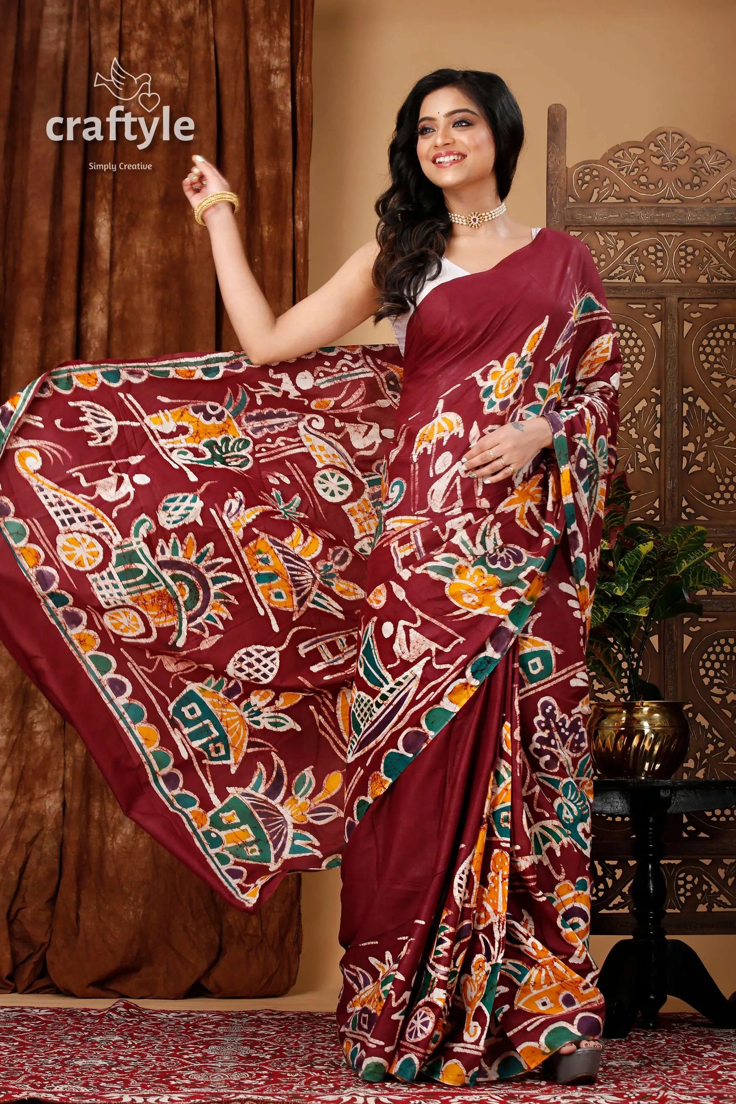 Artisanal hand painted batik pure cotton saree maroon batik saree 4