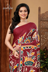 Artisanal hand painted batik pure cotton saree maroon batik saree 2