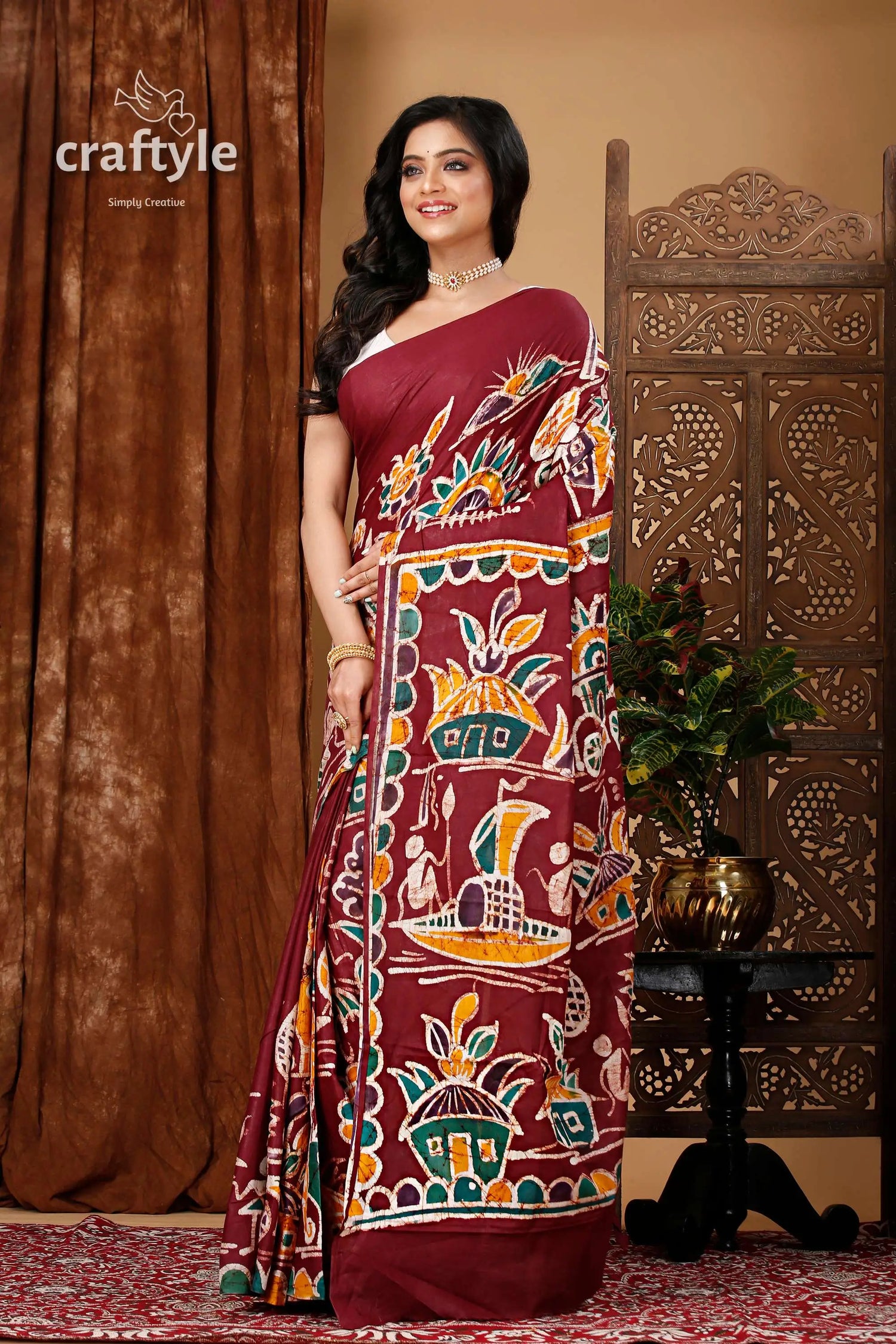 Artisanal hand painted batik pure cotton saree maroon saree folk art print 3
