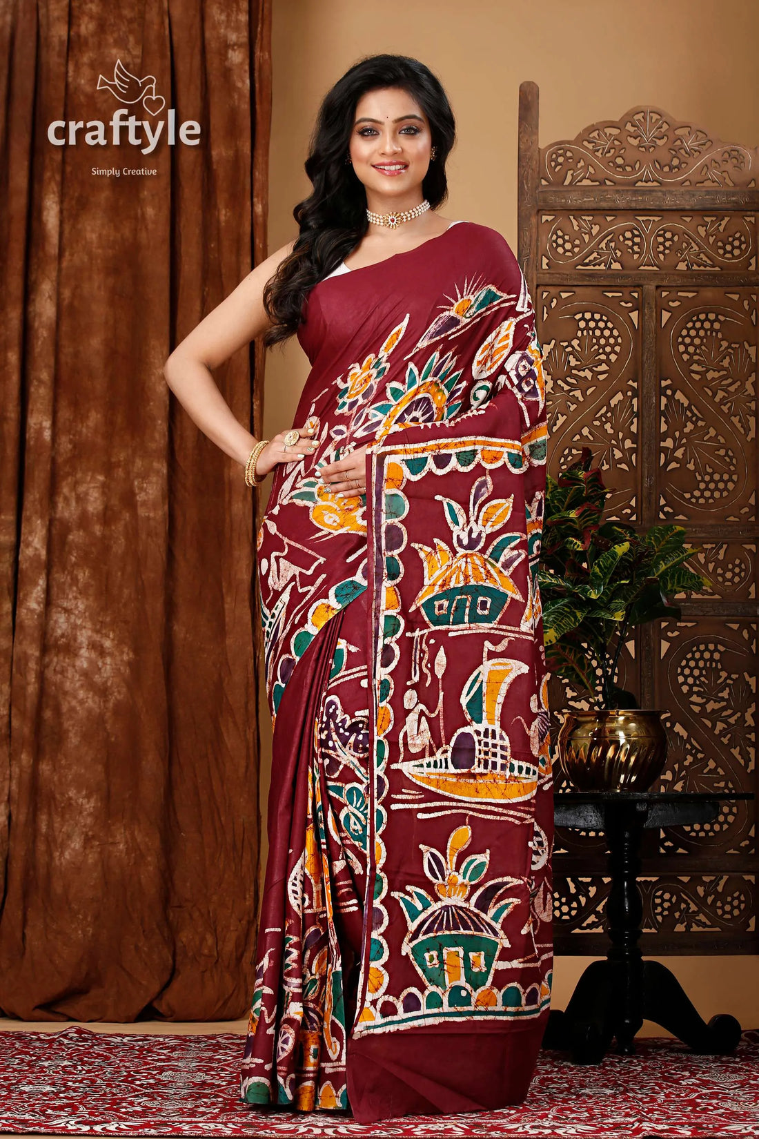 Artisanal hand painted batik pure cotton saree maroon 1