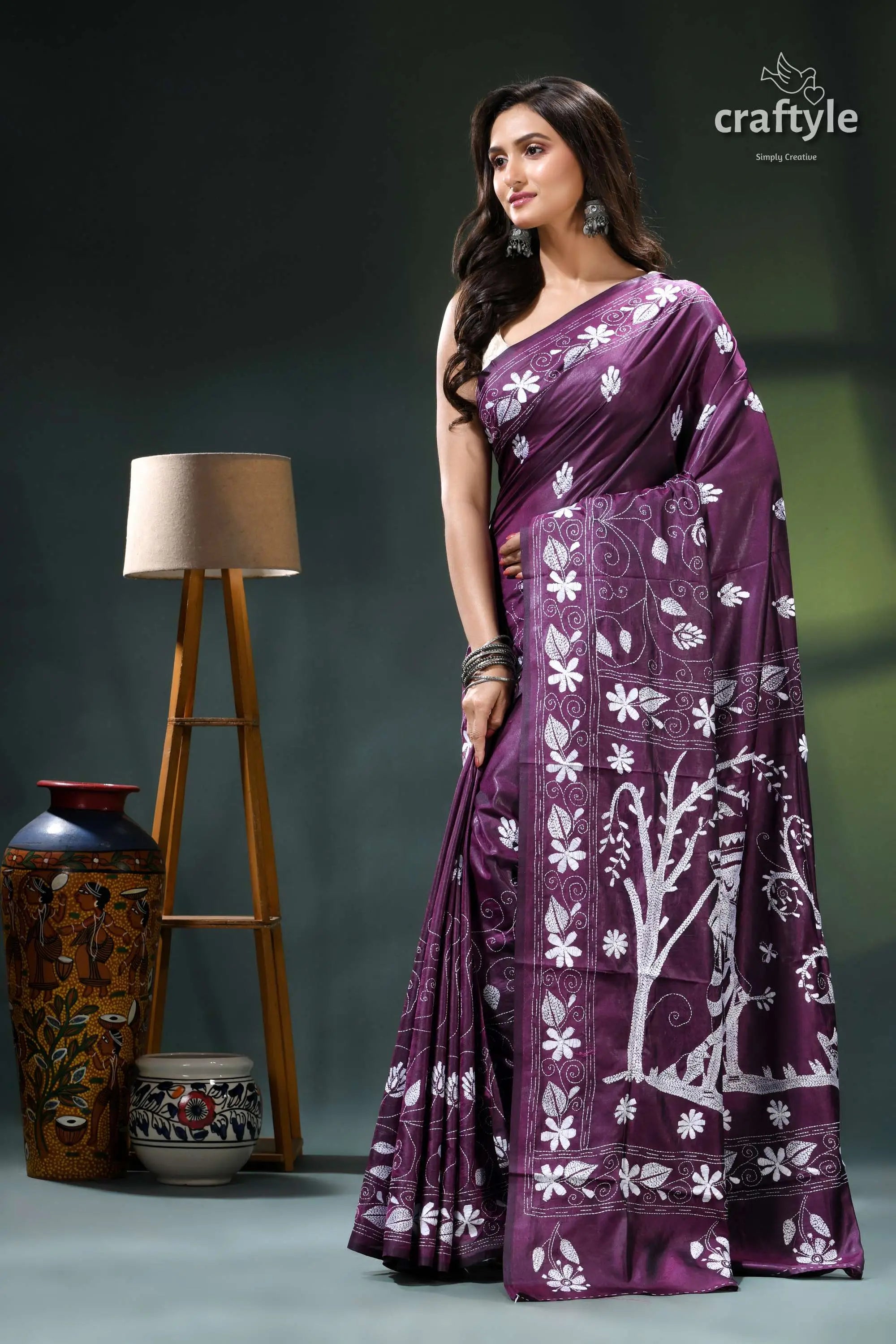 Artisanal handmade silk kantha work saree in japaneese violet purple floral saree white embroidery 3
