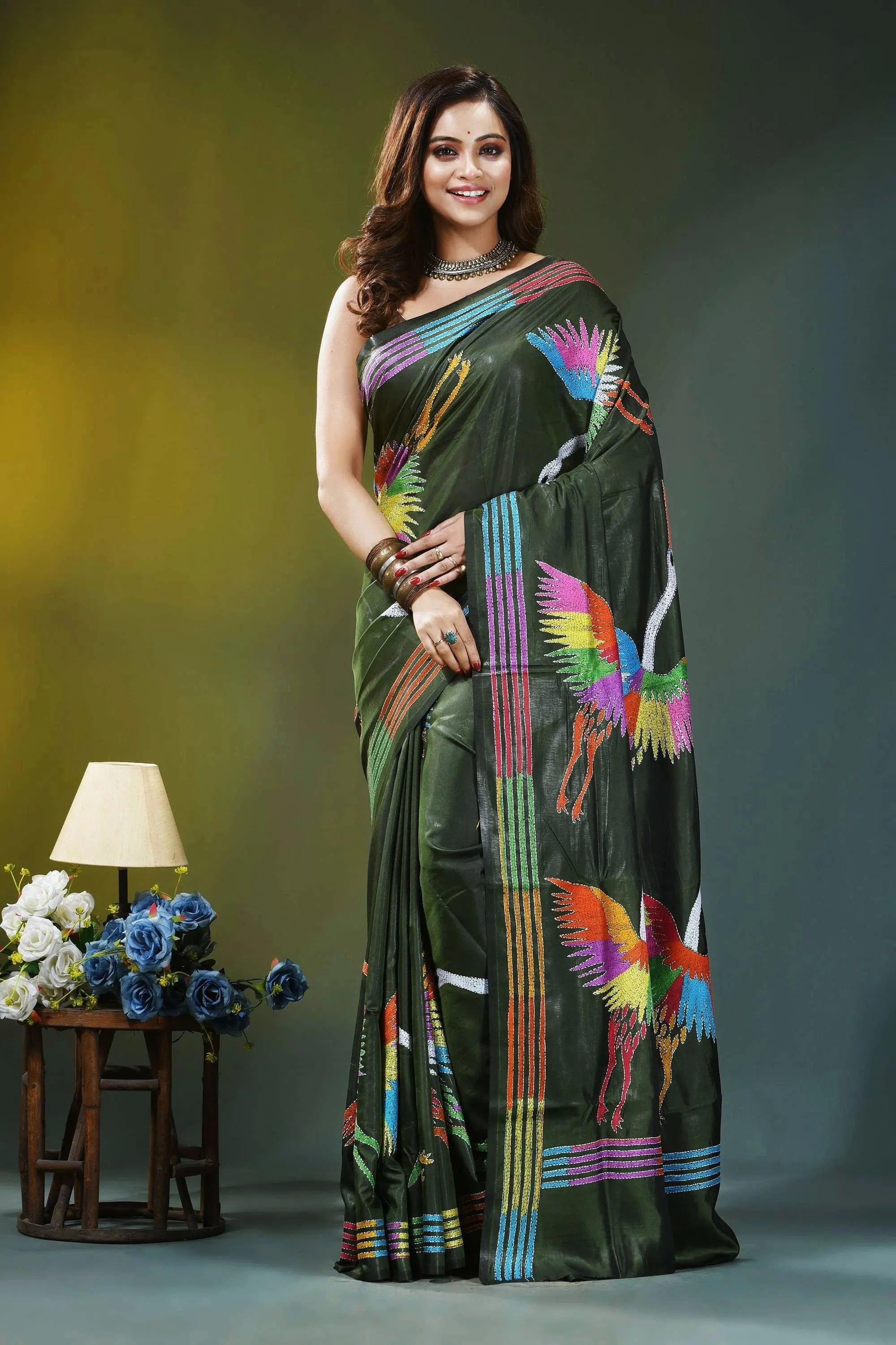 Artisanal heron design deep green silk kantha work saree vibrant green silk saree adorned 6