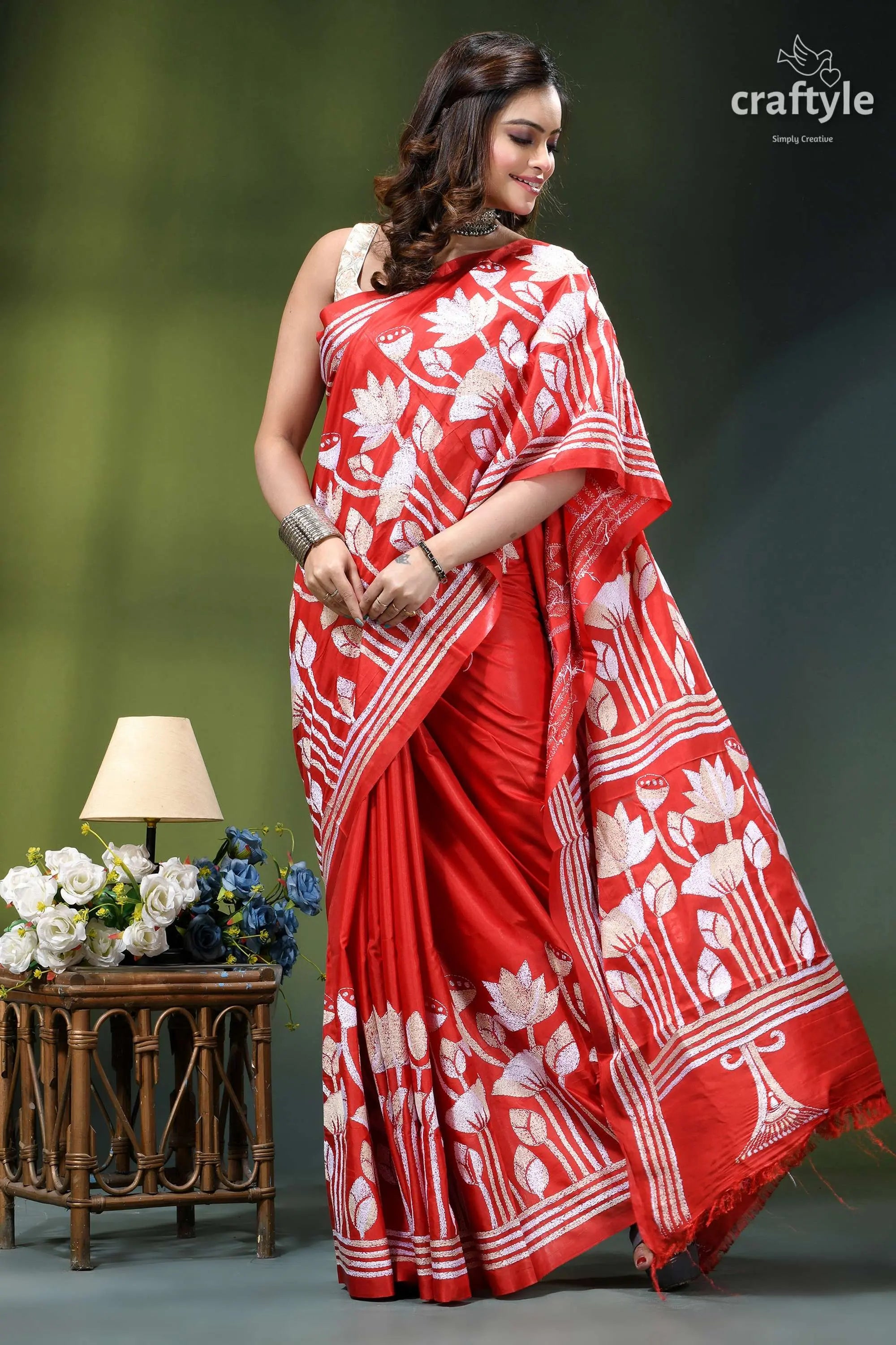 Artisanal lotus design silk kantha work saree in venetian red vibrant red saree intricate white 4
