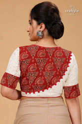 Artisanal off-white pure cotton hakoba blouse woman white blouse red black 2