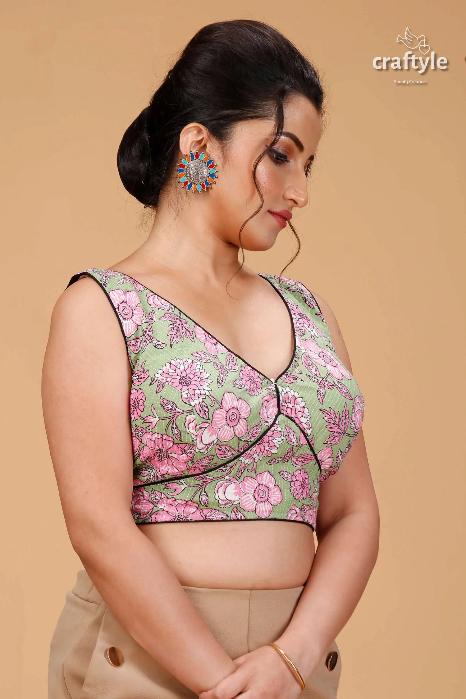 Artisanal pistachio ajrakh blouse on pure cotton woman light green sleeveless blouse 4