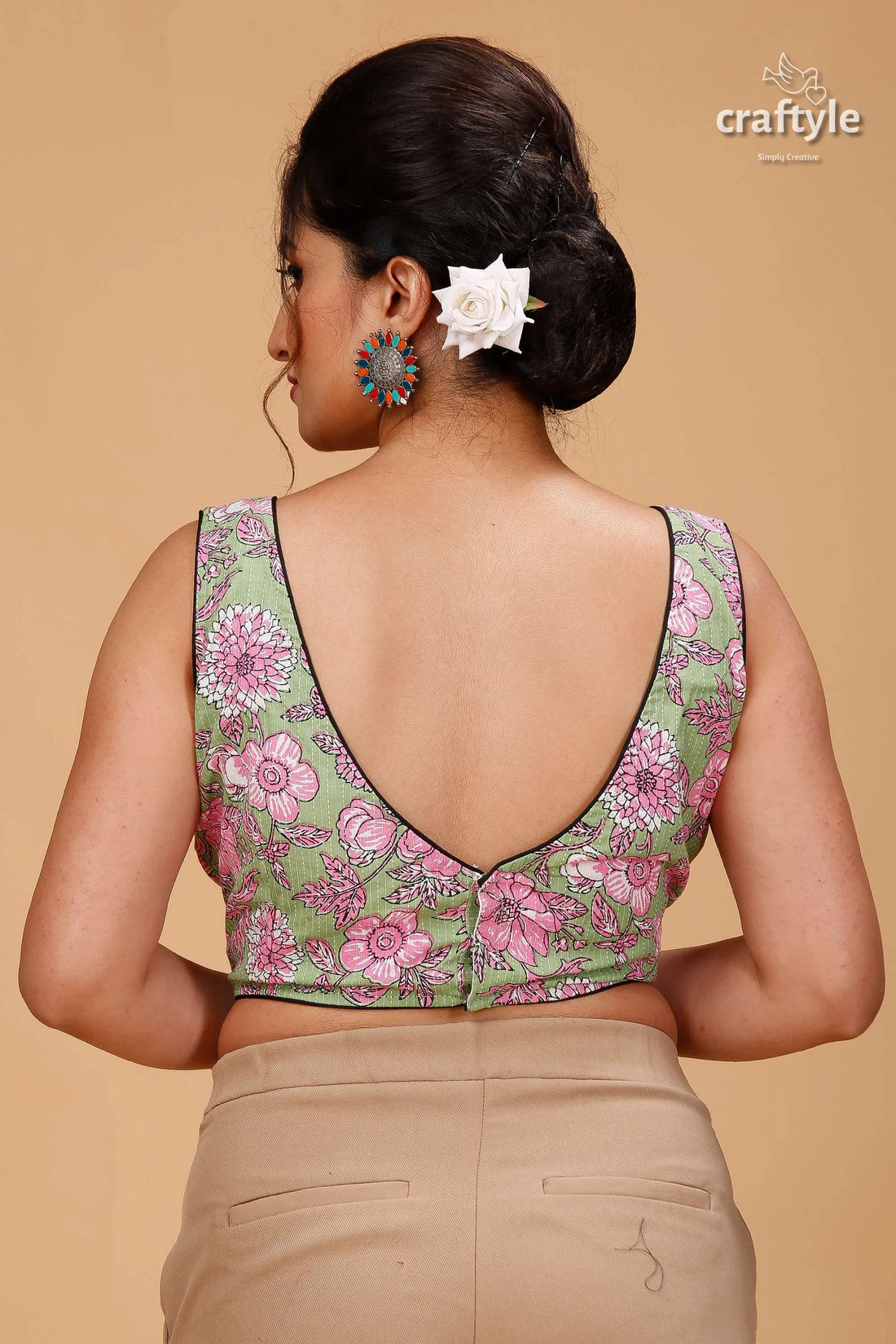 Artisanal pistachio ajrakh blouse on pure cotton woman models light green floral 2