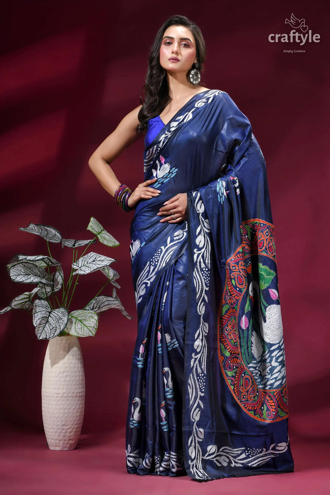 Artisanal swan motif blue zodiac silk kantha stitch saree deep navy silk saree intricate 1