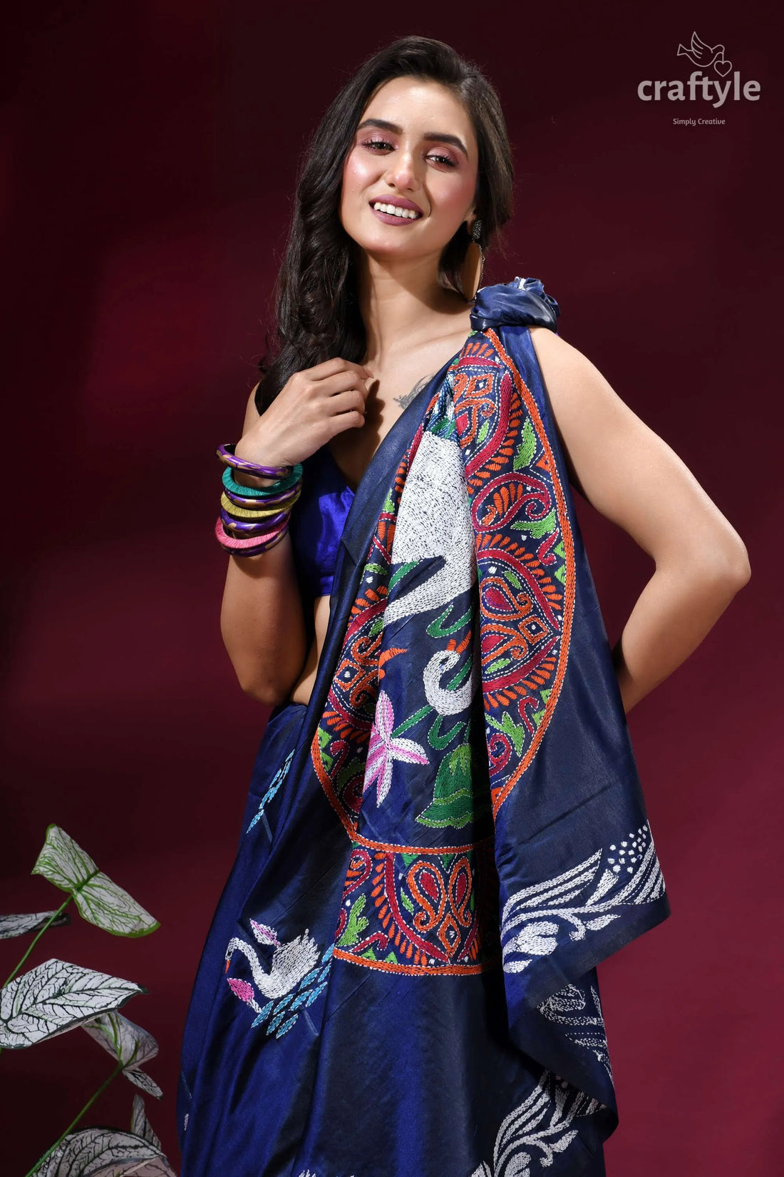 Artisanal swan motif blue zodiac silk kantha stitch saree navy blue saree intricate embroidered 2