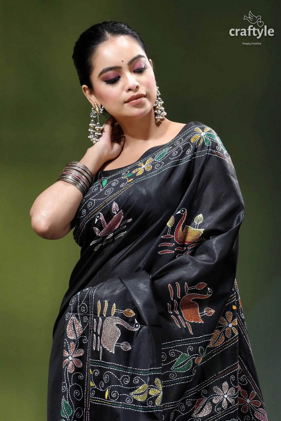 Artisanal swan motif silk kantha embroidery saree in black black silk saree adorned intricate 2