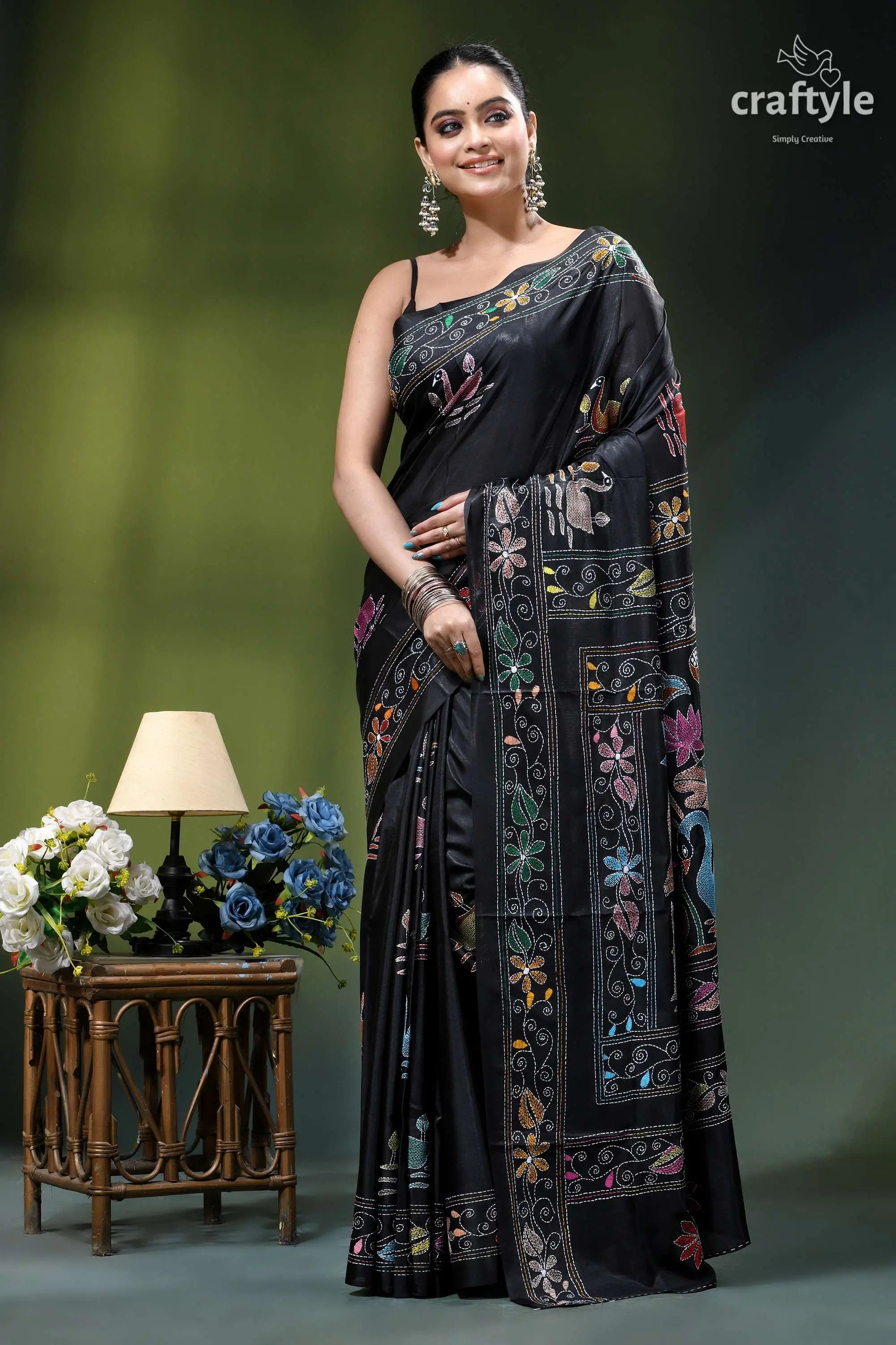 Artisanal swan motif silk kantha embroidery saree in black black silk saree intricate multicolored 6