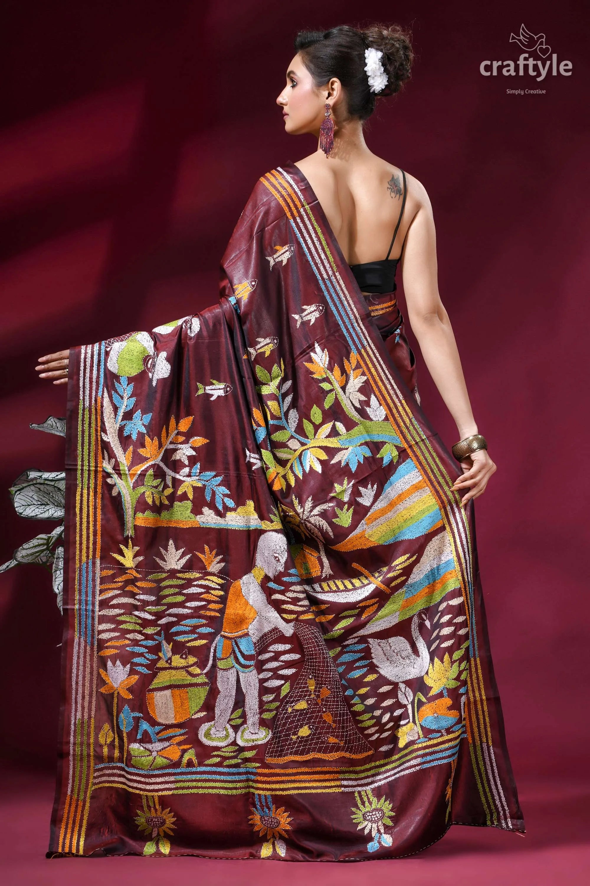 Artisanal village life theme handcrafted silk kantha saree - persian plum maroon silk saree intricate hand-block 4