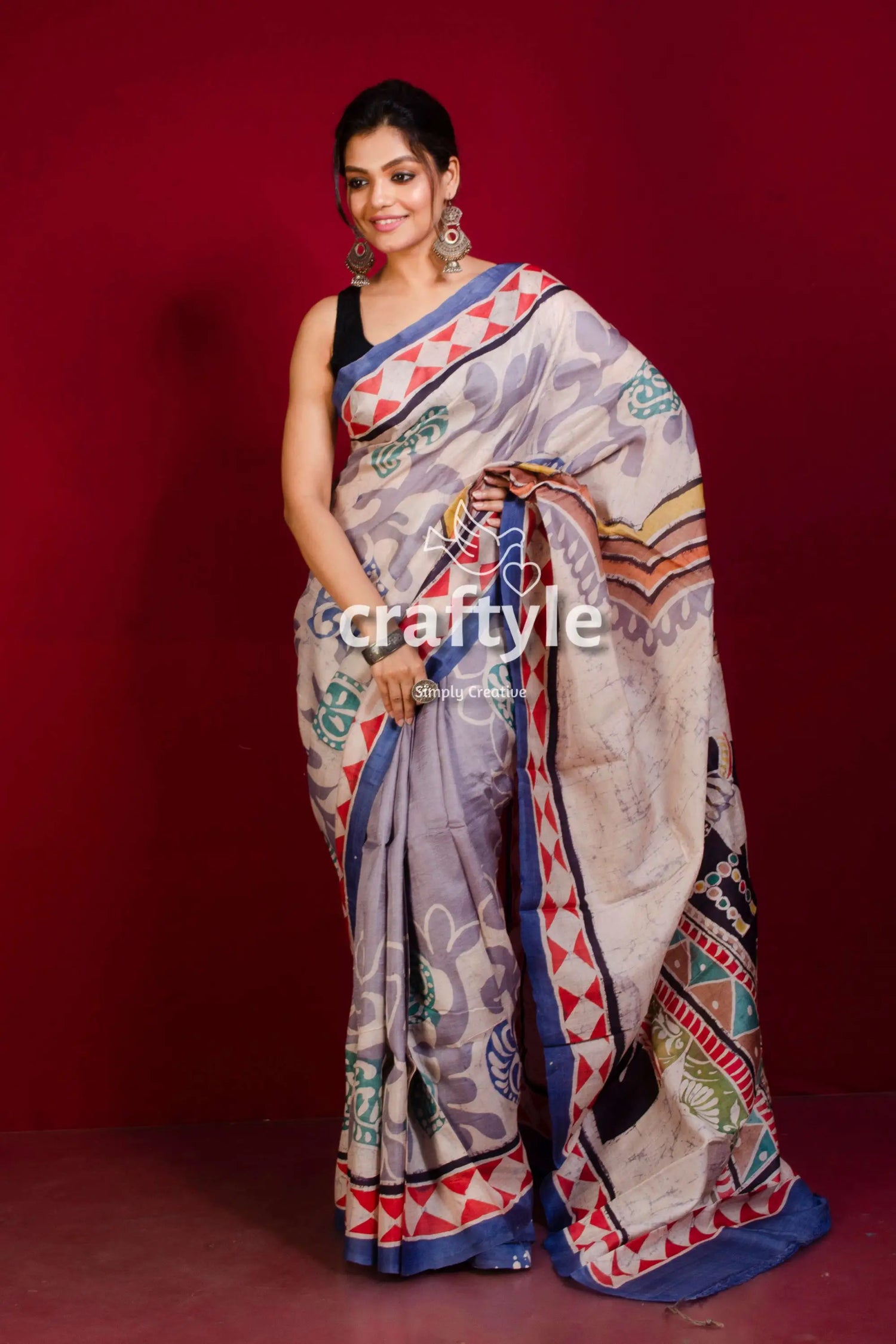 Athens gray hand painted handcrafted batik mulberry pure silk saree woman patterned saree 1